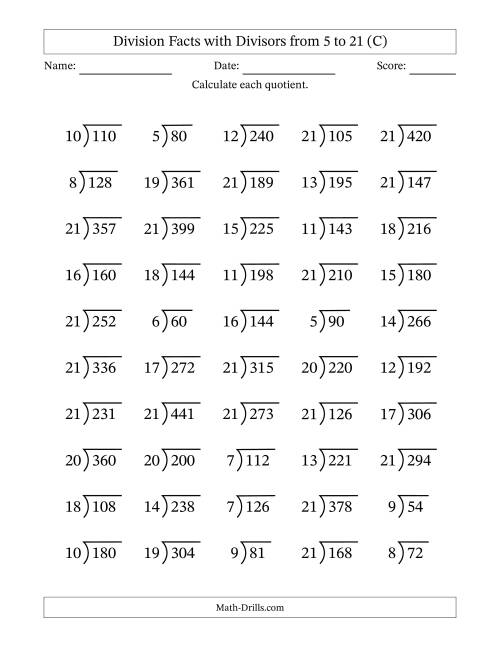 The Division Facts with Divisors and Quotients from 5 to 21 with Long Division Symbol/Bracket (C) Math Worksheet