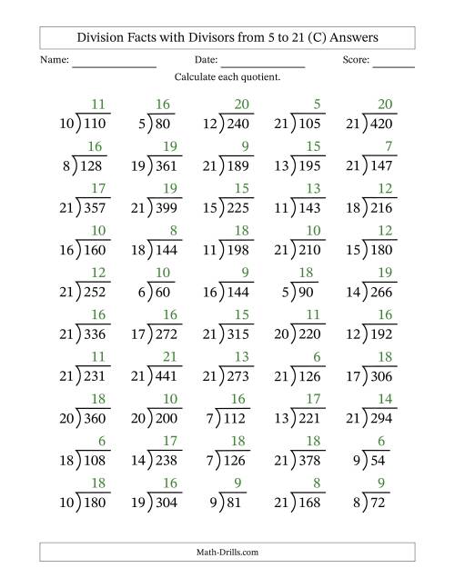 The Division Facts with Divisors and Quotients from 5 to 21 with Long Division Symbol/Bracket (C) Math Worksheet Page 2