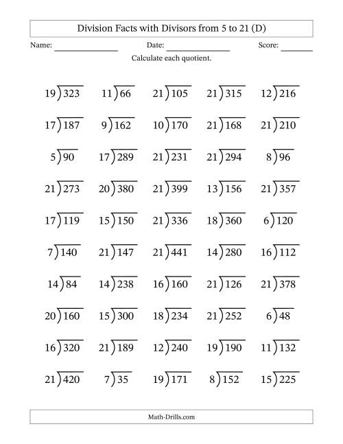 The Division Facts with Divisors and Quotients from 5 to 21 with Long Division Symbol/Bracket (D) Math Worksheet
