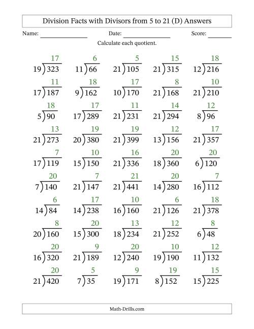 The Division Facts with Divisors and Quotients from 5 to 21 with Long Division Symbol/Bracket (D) Math Worksheet Page 2