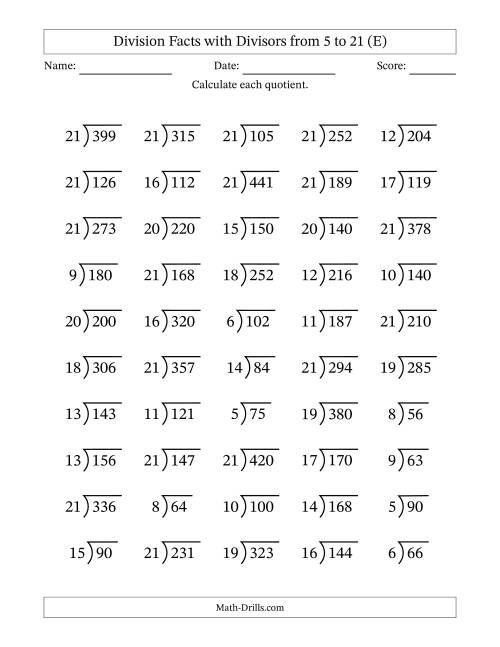 The Division Facts with Divisors and Quotients from 5 to 21 with Long Division Symbol/Bracket (E) Math Worksheet