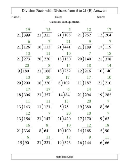 The Division Facts with Divisors and Quotients from 5 to 21 with Long Division Symbol/Bracket (E) Math Worksheet Page 2