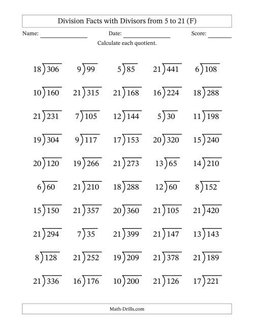 The Division Facts with Divisors and Quotients from 5 to 21 with Long Division Symbol/Bracket (F) Math Worksheet