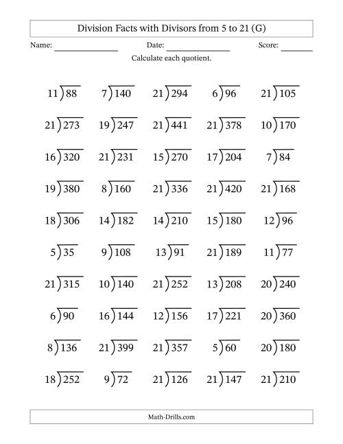 The Division Facts with Divisors and Quotients from 5 to 21 with Long Division Symbol/Bracket (G) Math Worksheet