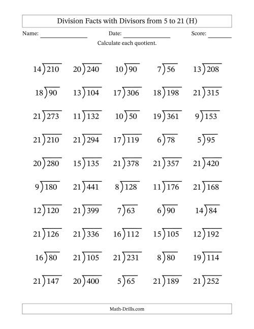The Division Facts with Divisors and Quotients from 5 to 21 with Long Division Symbol/Bracket (H) Math Worksheet