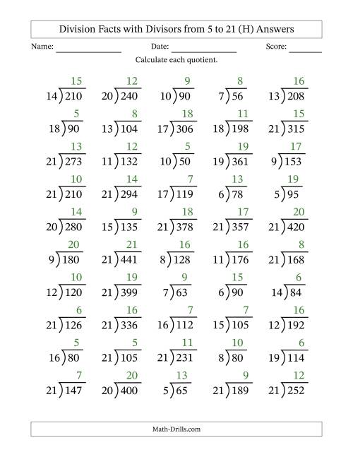 The Division Facts with Divisors and Quotients from 5 to 21 with Long Division Symbol/Bracket (H) Math Worksheet Page 2
