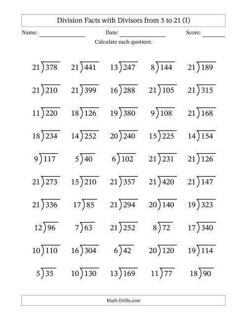 The Division Facts with Divisors and Quotients from 5 to 21 with Long Division Symbol/Bracket (I) Math Worksheet