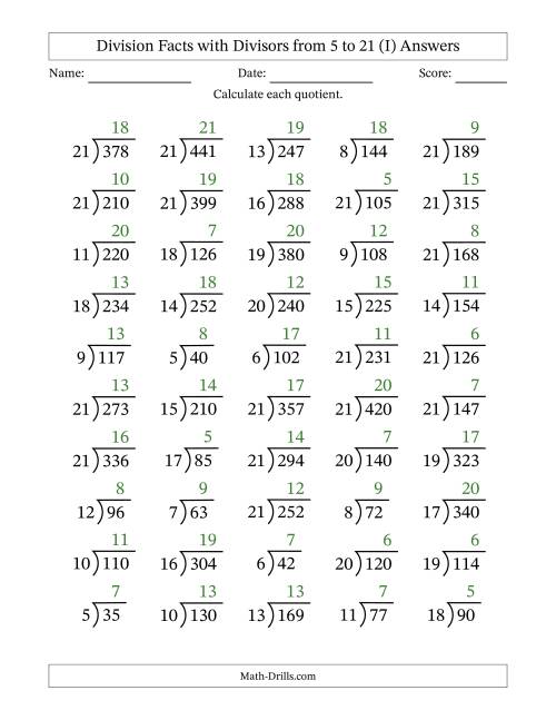 The Division Facts with Divisors and Quotients from 5 to 21 with Long Division Symbol/Bracket (I) Math Worksheet Page 2