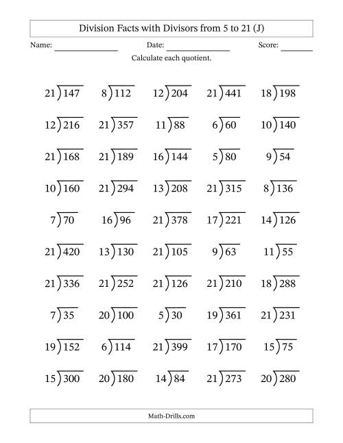 The Division Facts with Divisors and Quotients from 5 to 21 with Long Division Symbol/Bracket (J) Math Worksheet