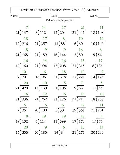 The Division Facts with Divisors and Quotients from 5 to 21 with Long Division Symbol/Bracket (J) Math Worksheet Page 2