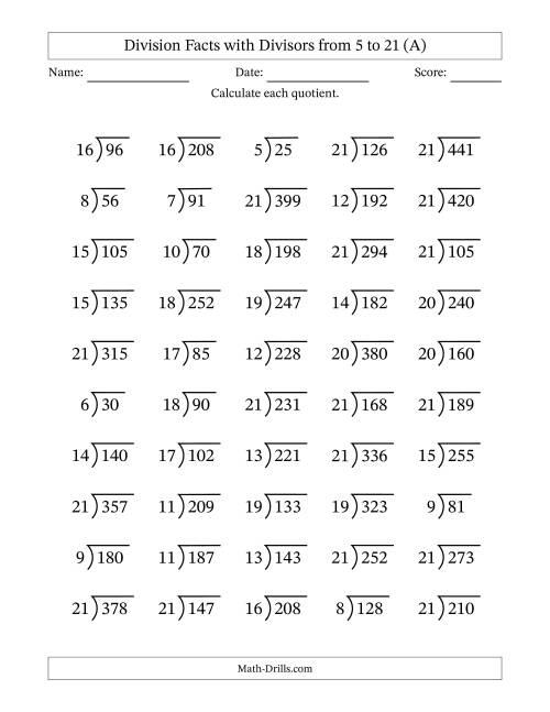 The Division Facts with Divisors and Quotients from 5 to 21 with Long Division Symbol/Bracket (All) Math Worksheet