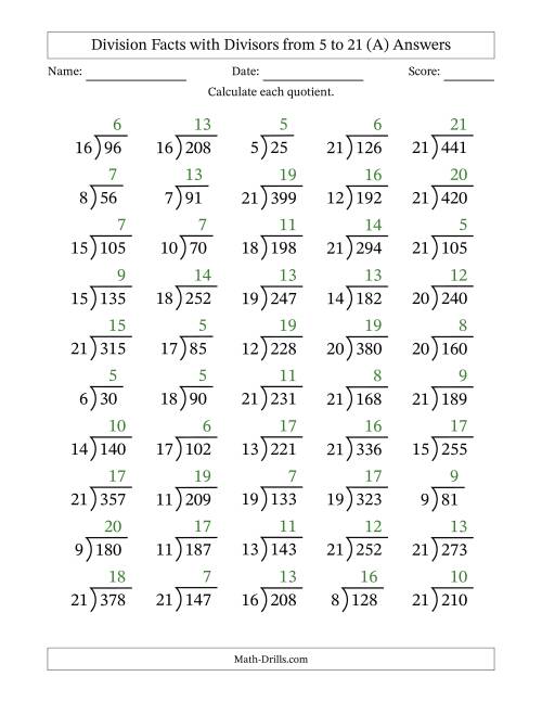 The Division Facts with Divisors and Quotients from 5 to 21 with Long Division Symbol/Bracket (All) Math Worksheet Page 2