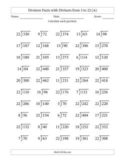 Division Facts with Divisors and Quotients from 5 to 22 with Long Division Symbol/Bracket