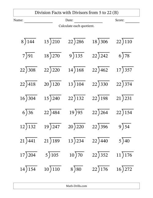 The Division Facts with Divisors and Quotients from 5 to 22 with Long Division Symbol/Bracket (B) Math Worksheet