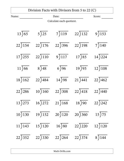 The Division Facts with Divisors and Quotients from 5 to 22 with Long Division Symbol/Bracket (C) Math Worksheet