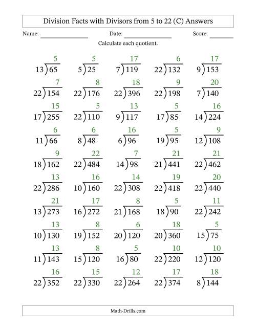 The Division Facts with Divisors and Quotients from 5 to 22 with Long Division Symbol/Bracket (C) Math Worksheet Page 2