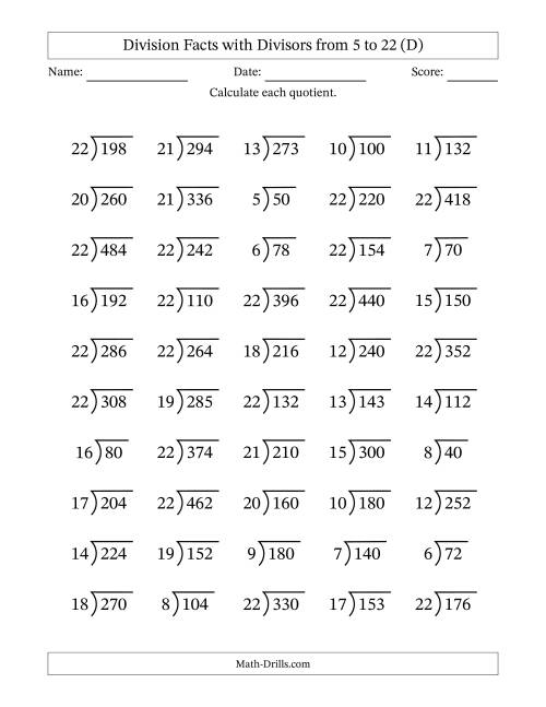 The Division Facts with Divisors and Quotients from 5 to 22 with Long Division Symbol/Bracket (D) Math Worksheet