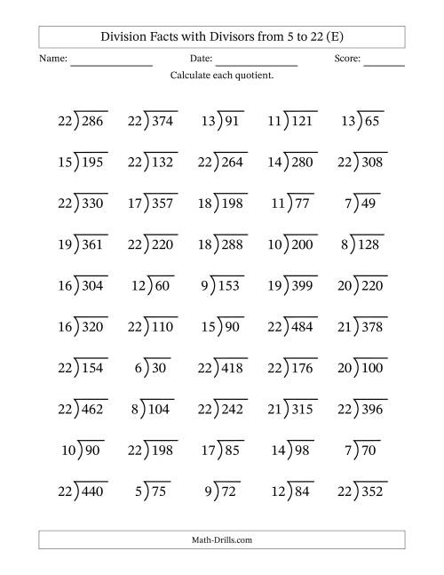 The Division Facts with Divisors and Quotients from 5 to 22 with Long Division Symbol/Bracket (E) Math Worksheet