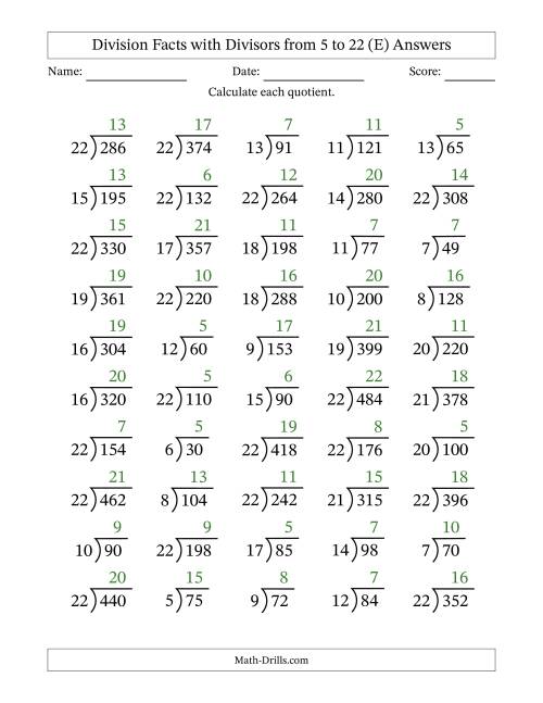 The Division Facts with Divisors and Quotients from 5 to 22 with Long Division Symbol/Bracket (E) Math Worksheet Page 2