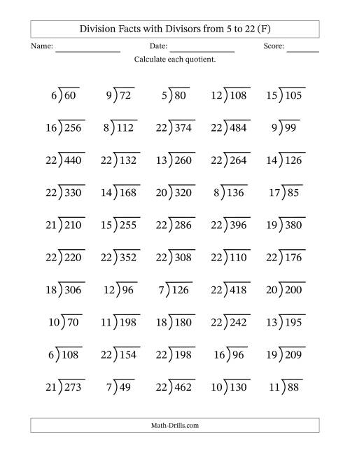 The Division Facts with Divisors and Quotients from 5 to 22 with Long Division Symbol/Bracket (F) Math Worksheet