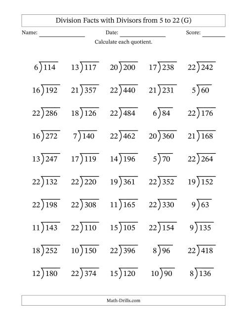 The Division Facts with Divisors and Quotients from 5 to 22 with Long Division Symbol/Bracket (G) Math Worksheet