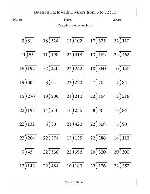 The Division Facts with Divisors and Quotients from 5 to 22 with Long Division Symbol/Bracket (H) Math Worksheet