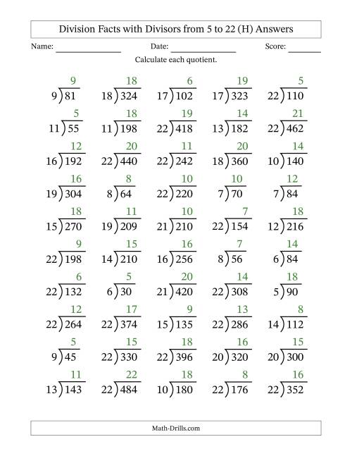 The Division Facts with Divisors and Quotients from 5 to 22 with Long Division Symbol/Bracket (H) Math Worksheet Page 2