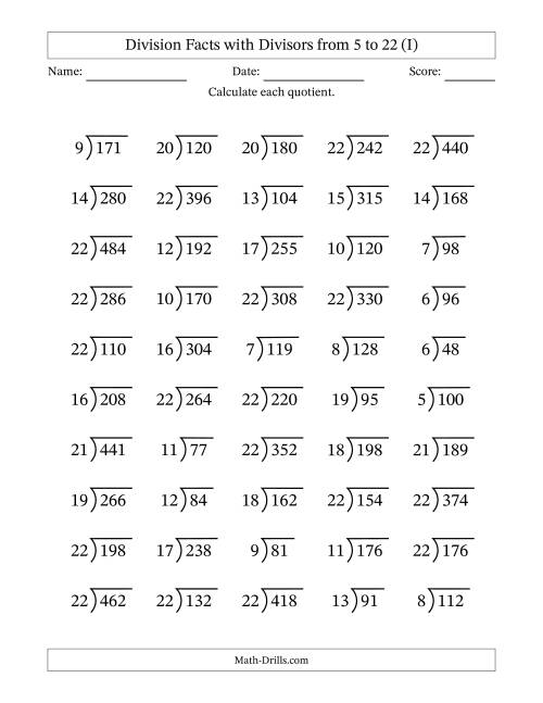 The Division Facts with Divisors and Quotients from 5 to 22 with Long Division Symbol/Bracket (I) Math Worksheet