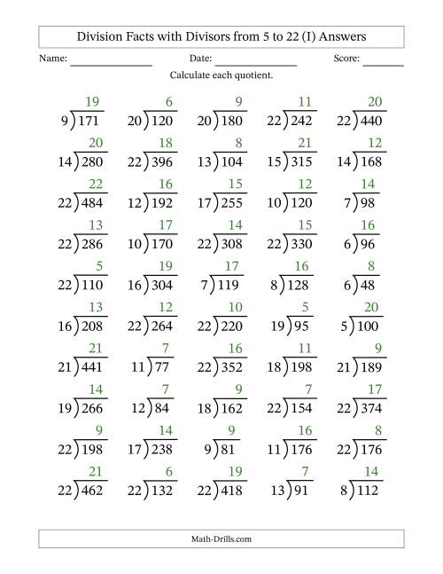 The Division Facts with Divisors and Quotients from 5 to 22 with Long Division Symbol/Bracket (I) Math Worksheet Page 2