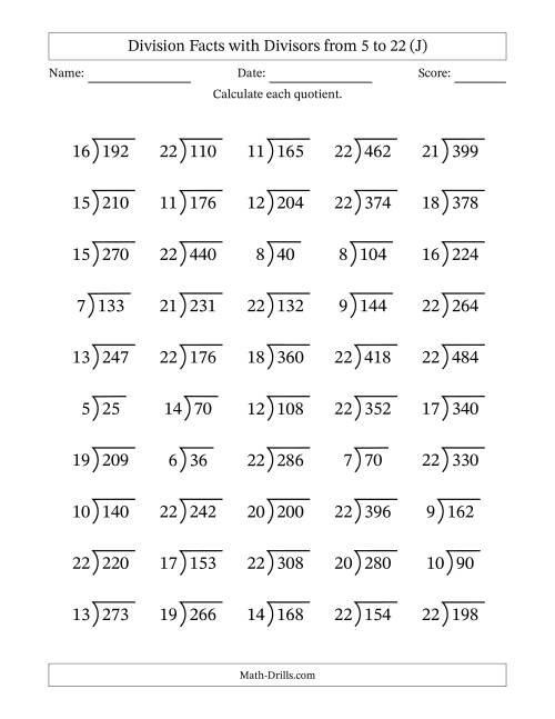 The Division Facts with Divisors and Quotients from 5 to 22 with Long Division Symbol/Bracket (J) Math Worksheet