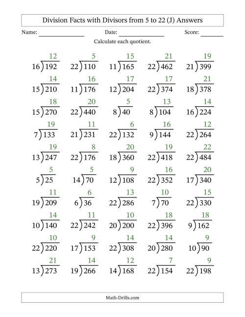 The Division Facts with Divisors and Quotients from 5 to 22 with Long Division Symbol/Bracket (J) Math Worksheet Page 2