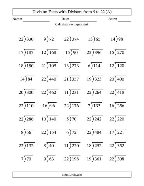 The Division Facts with Divisors and Quotients from 5 to 22 with Long Division Symbol/Bracket (All) Math Worksheet