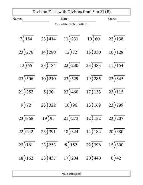 The Division Facts with Divisors and Quotients from 5 to 23 with Long Division Symbol/Bracket (B) Math Worksheet