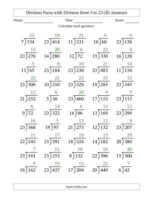 The Division Facts with Divisors and Quotients from 5 to 23 with Long Division Symbol/Bracket (B) Math Worksheet Page 2