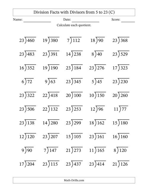 The Division Facts with Divisors and Quotients from 5 to 23 with Long Division Symbol/Bracket (C) Math Worksheet
