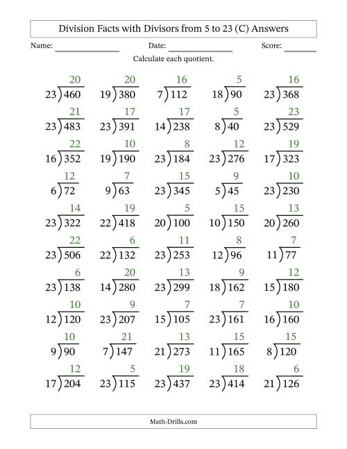 The Division Facts with Divisors and Quotients from 5 to 23 with Long Division Symbol/Bracket (C) Math Worksheet Page 2