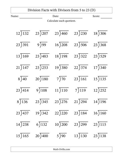 The Division Facts with Divisors and Quotients from 5 to 23 with Long Division Symbol/Bracket (D) Math Worksheet