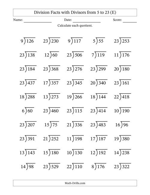 The Division Facts with Divisors and Quotients from 5 to 23 with Long Division Symbol/Bracket (E) Math Worksheet