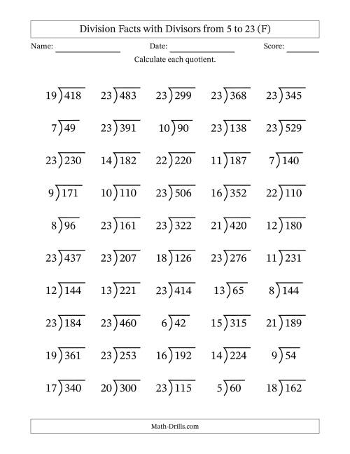 The Division Facts with Divisors and Quotients from 5 to 23 with Long Division Symbol/Bracket (F) Math Worksheet