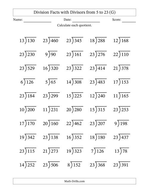 The Division Facts with Divisors and Quotients from 5 to 23 with Long Division Symbol/Bracket (G) Math Worksheet