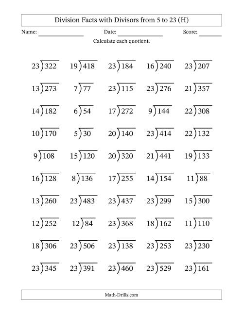 The Division Facts with Divisors and Quotients from 5 to 23 with Long Division Symbol/Bracket (H) Math Worksheet