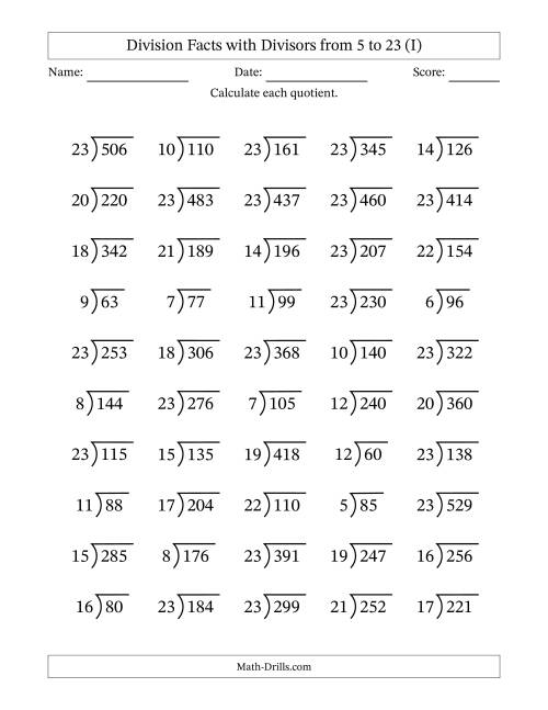 The Division Facts with Divisors and Quotients from 5 to 23 with Long Division Symbol/Bracket (I) Math Worksheet