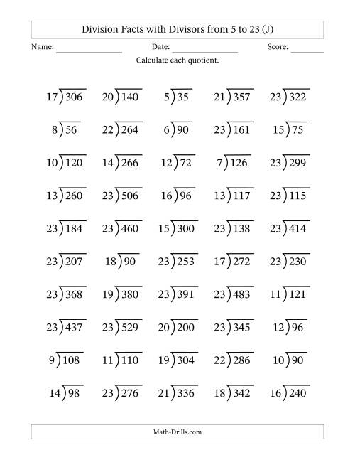 The Division Facts with Divisors and Quotients from 5 to 23 with Long Division Symbol/Bracket (J) Math Worksheet