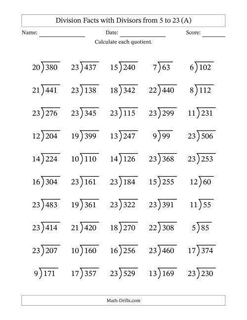 The Division Facts with Divisors and Quotients from 5 to 23 with Long Division Symbol/Bracket (All) Math Worksheet