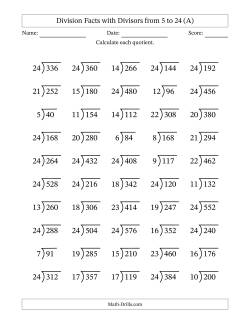 Division Facts with Divisors and Quotients from 5 to 24 with Long Division Symbol/Bracket