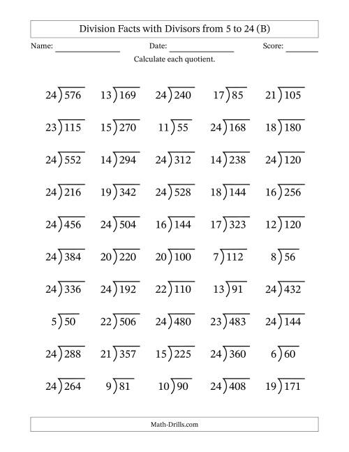 The Division Facts with Divisors and Quotients from 5 to 24 with Long Division Symbol/Bracket (B) Math Worksheet