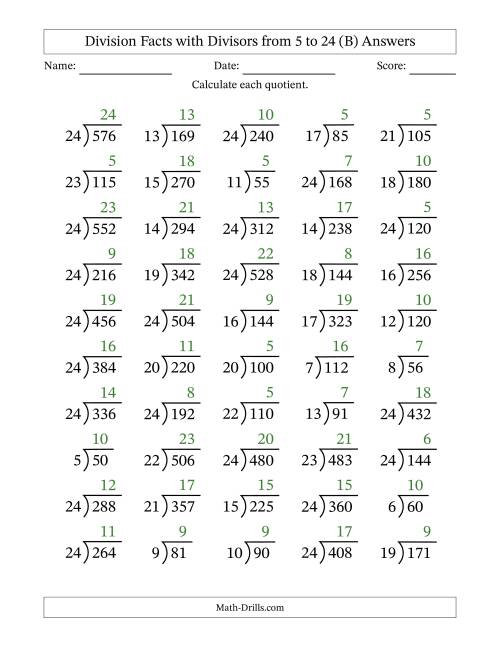 The Division Facts with Divisors and Quotients from 5 to 24 with Long Division Symbol/Bracket (B) Math Worksheet Page 2