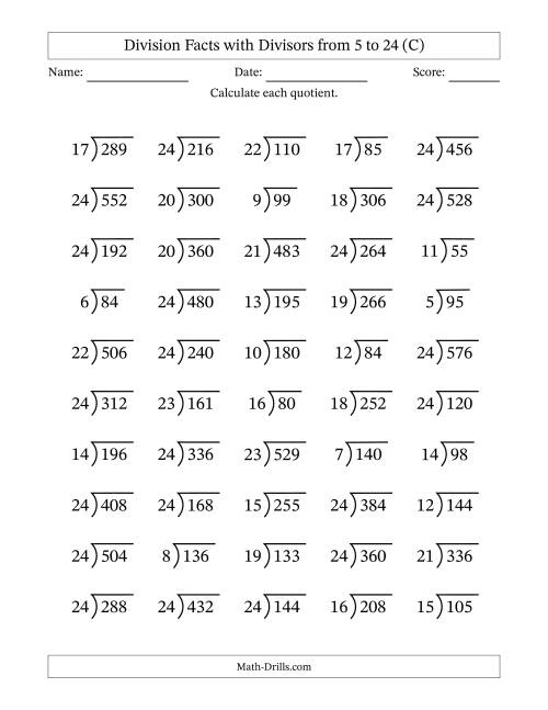 The Division Facts with Divisors and Quotients from 5 to 24 with Long Division Symbol/Bracket (C) Math Worksheet