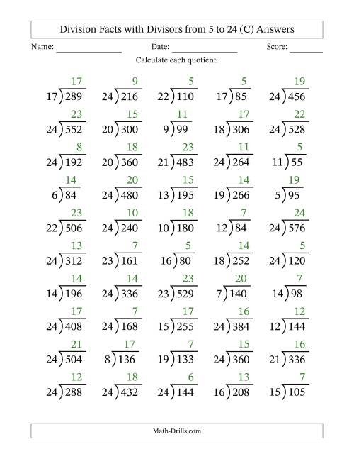 The Division Facts with Divisors and Quotients from 5 to 24 with Long Division Symbol/Bracket (C) Math Worksheet Page 2