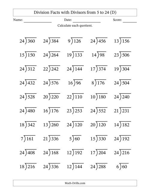 The Division Facts with Divisors and Quotients from 5 to 24 with Long Division Symbol/Bracket (D) Math Worksheet